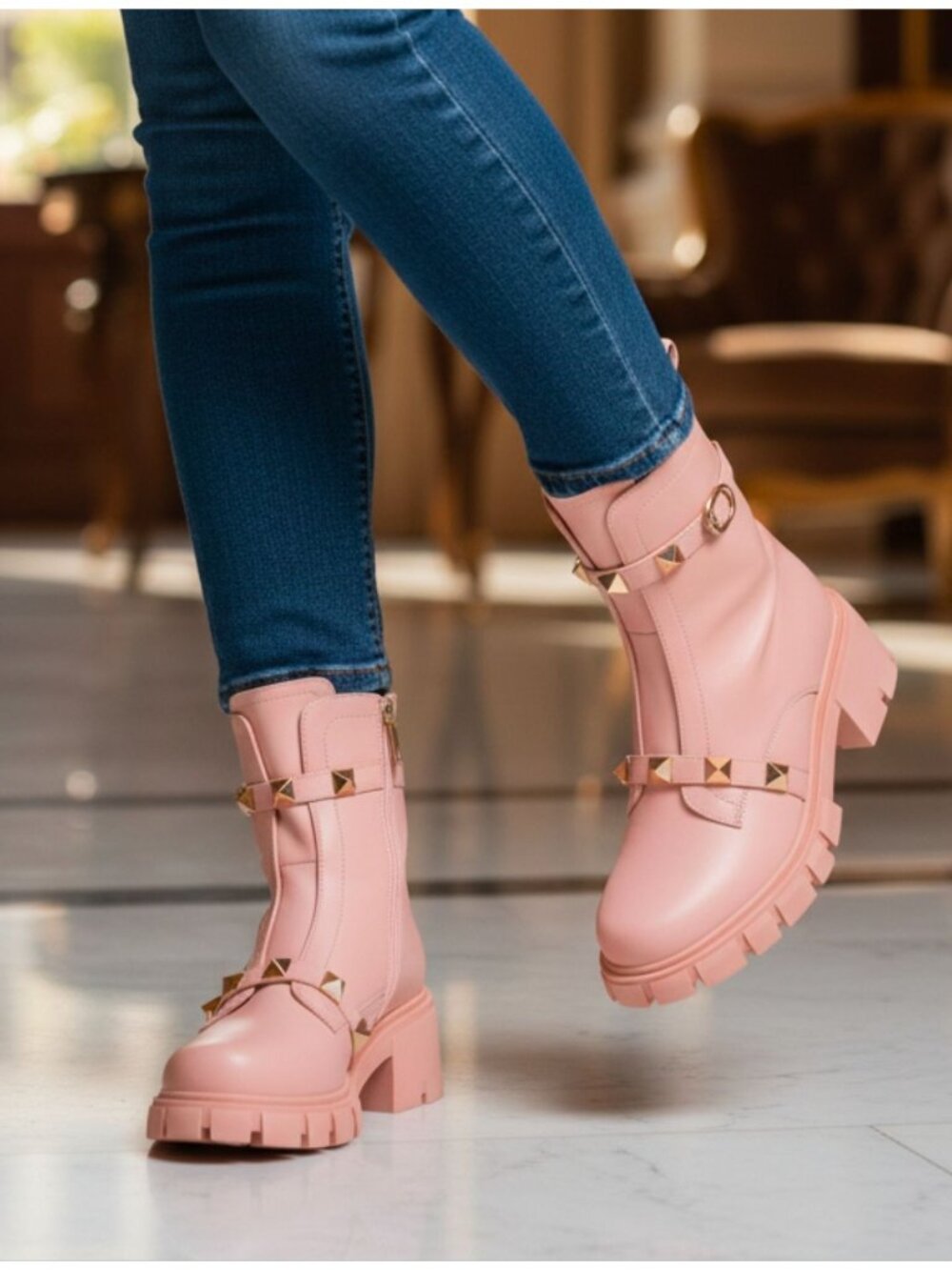 Pink Chunky Heel Ankle Boots With Gold Studded Straps & Side Zipper Closure For